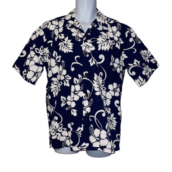 Retro Hilo Hattie Hawaiian Shirt Mens M Floral Plumeria Leaf Aloha Beach Blue - Picture 1 of 10